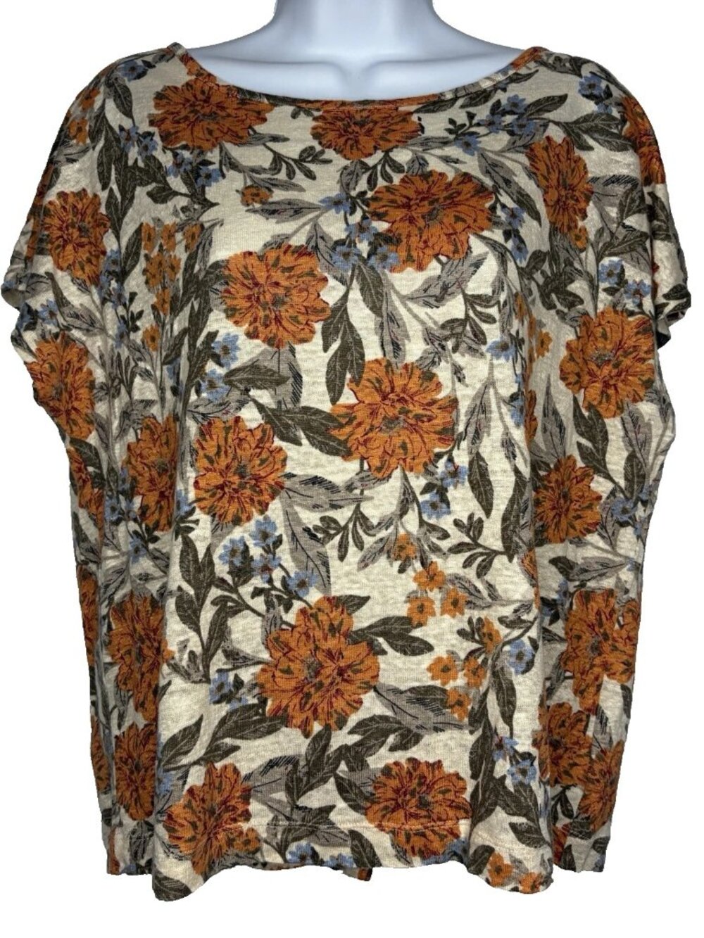 Haute Hippie Linen Blouse Top Size L Cream Orange Floral Abalone Button Back